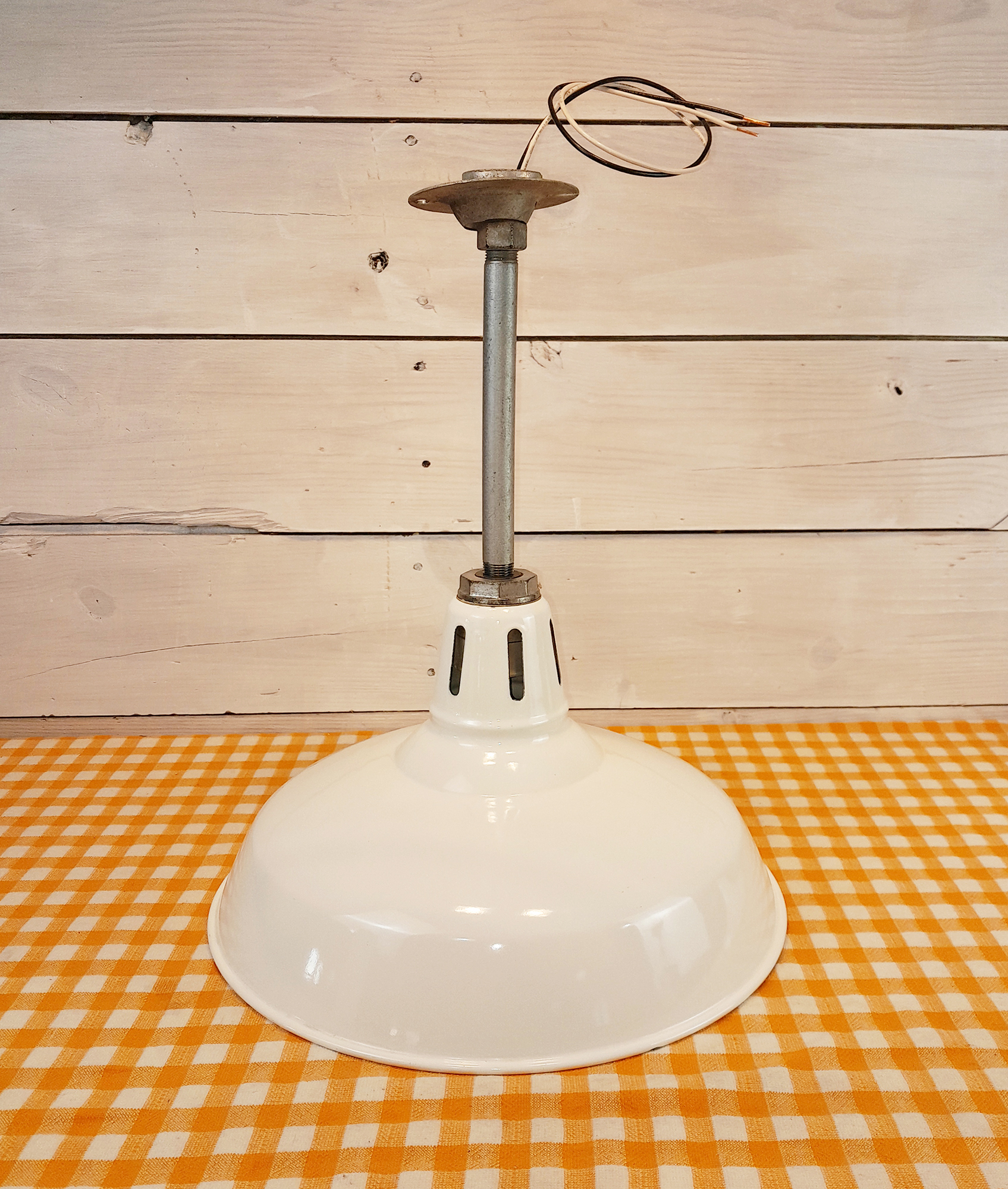 Vintage white porcelain Benjamin industrial barn light, 16-inch shade