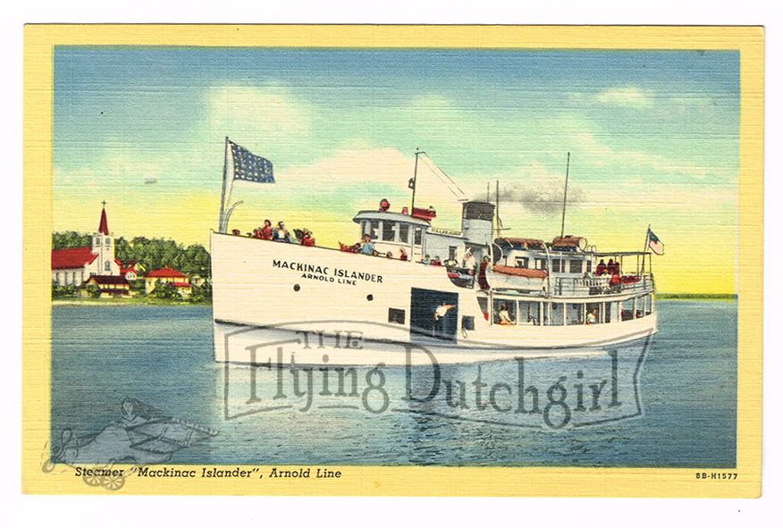 Vintage 1940's "Steamer" Mackinac Island, Mich. Linen Postcard