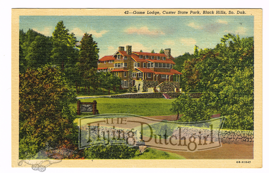 Vintage 1940's "Game Lodge" Custer State Park, Black Hills S.D. Linen Postcard