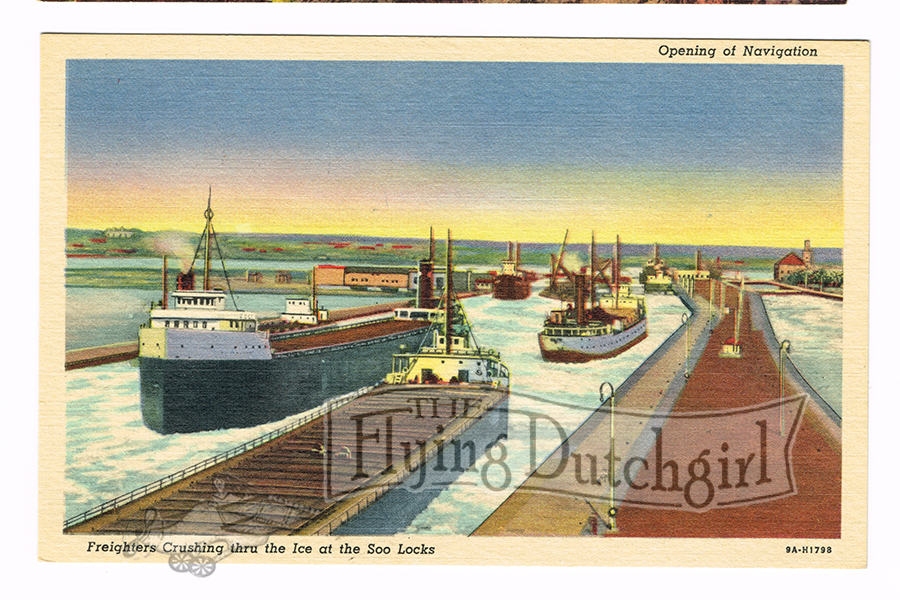 Vintage 1940's "Freighters" Soo Locks, Linen Postcard