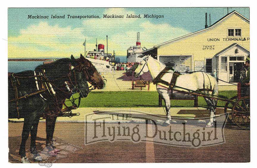 Vintage 1940's "Mackinac Island Transportation" Michigan, Linen Postcard