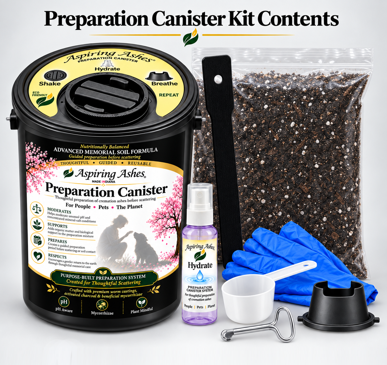 Aspiring Ashes Preparation Canister Kit Contents showing canister, hydration bottle, soil mixture bag, scoop, gloves, mixing stick, and vent attachment.