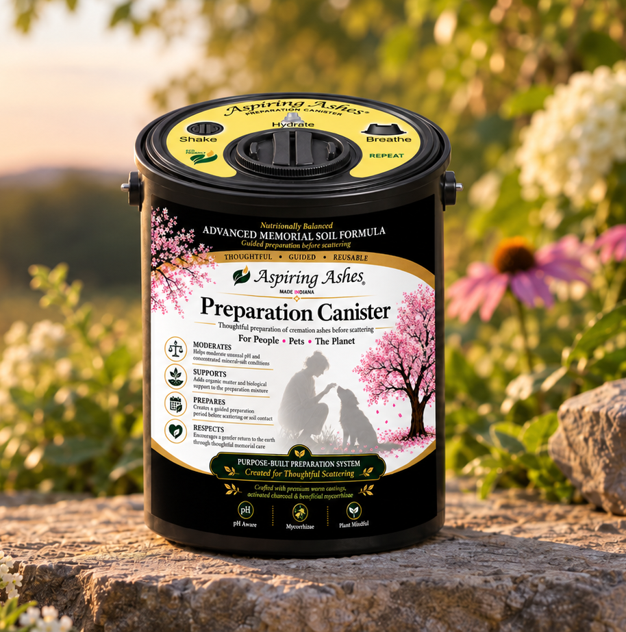 Aspiring Ashes Preparation Canister in a peaceful garden at sunset before scattering cremated remains.