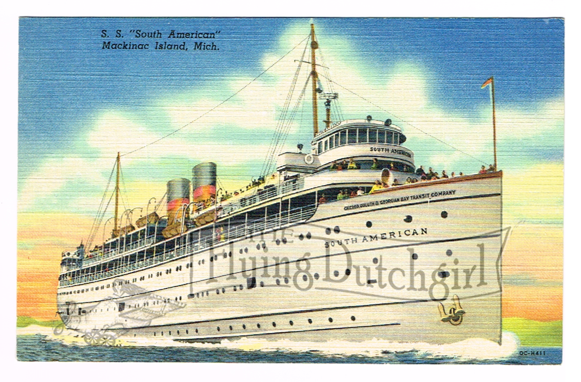 Vintage 1940's "S.S. South American" Mackinac Island, Mich. Linen Postcard