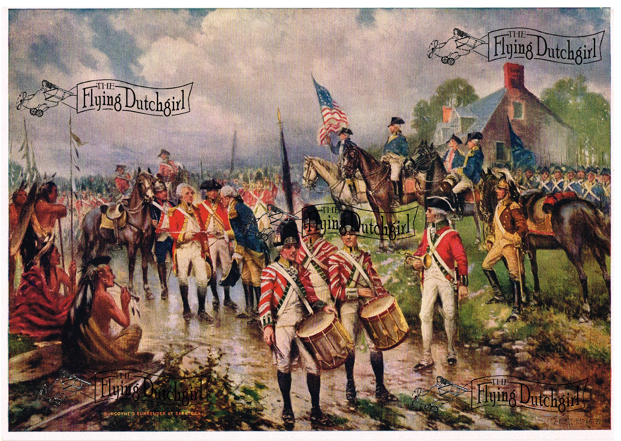 1940s Vintage Salesman Sampler Lithographic Calendar Print "Burcoyne Surrend"... General Burcoyne Surrenders at Saratoga