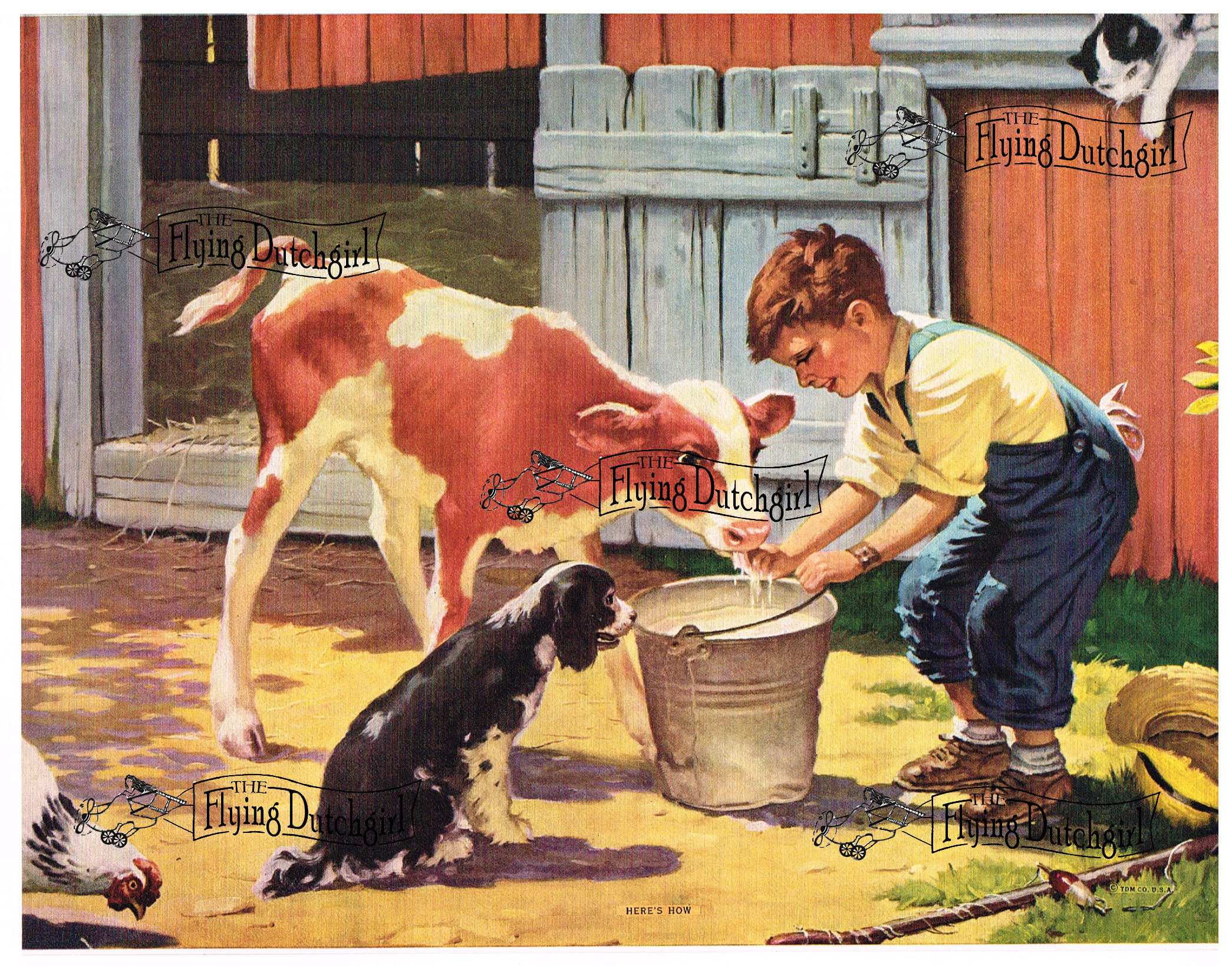 1940s Vintage Salesman Sampler Lithographic Calendar Print "Here's How" young boy with puppy giving milk to calf