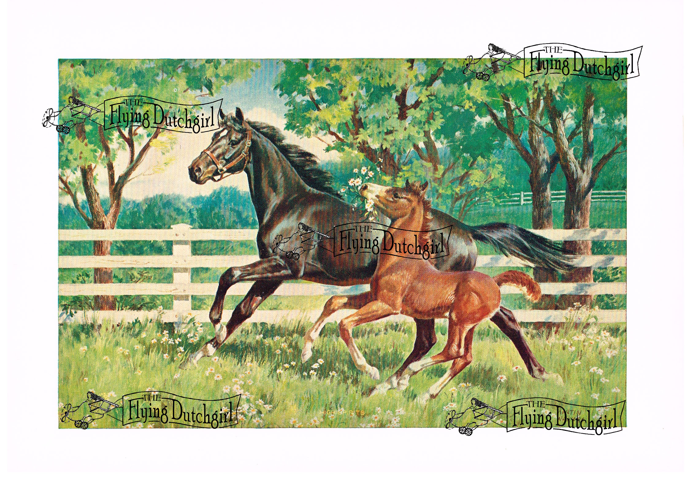 1940s Vintage Salesman Sampler Lithographic Calendar Print "High Spirits" young colt besides his mother having fun