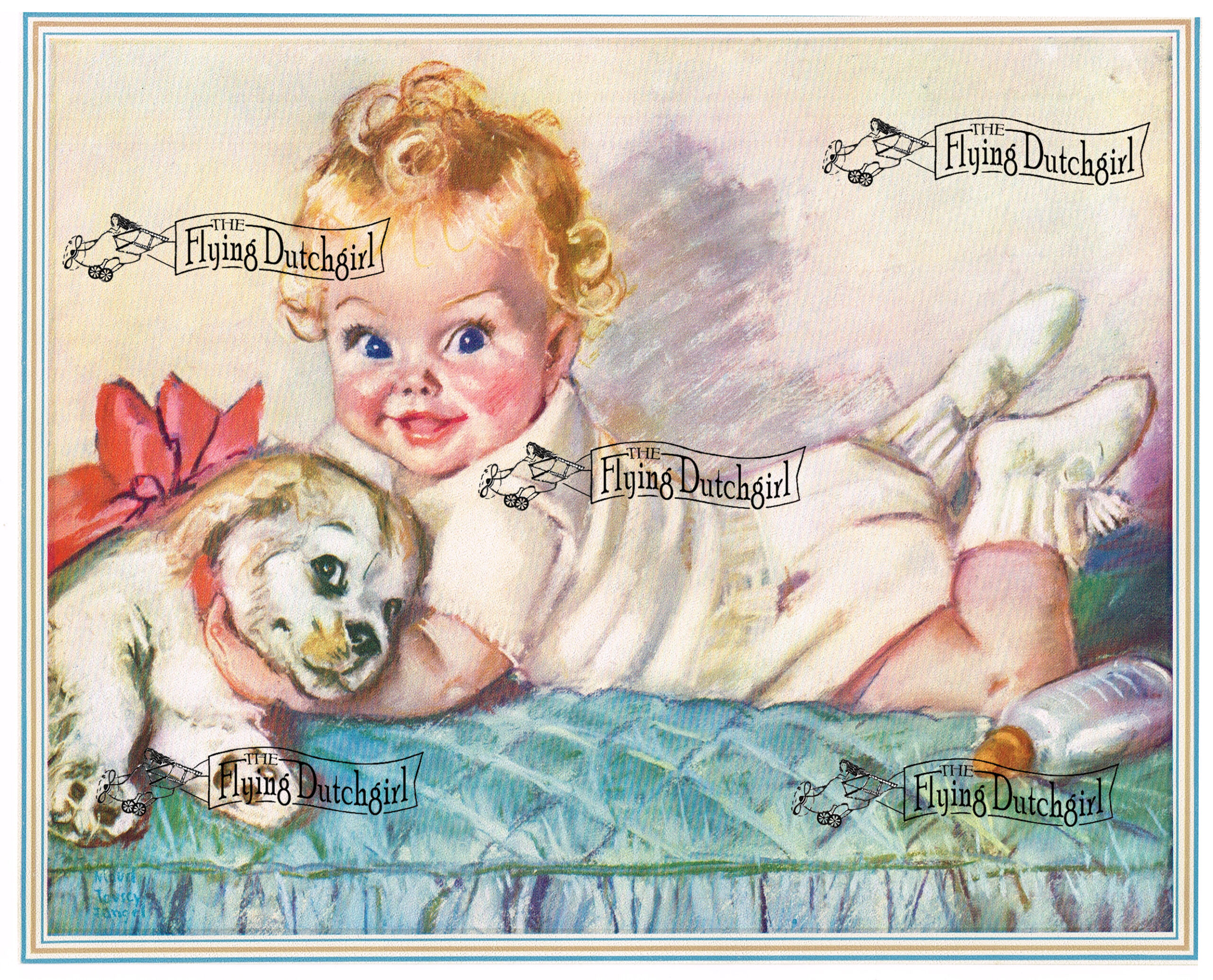 1940s Vintage Salesman Sampler Lithographic Calendar Print "Baby and Puppy" A baby with curly blonde locks poses with their puppy.