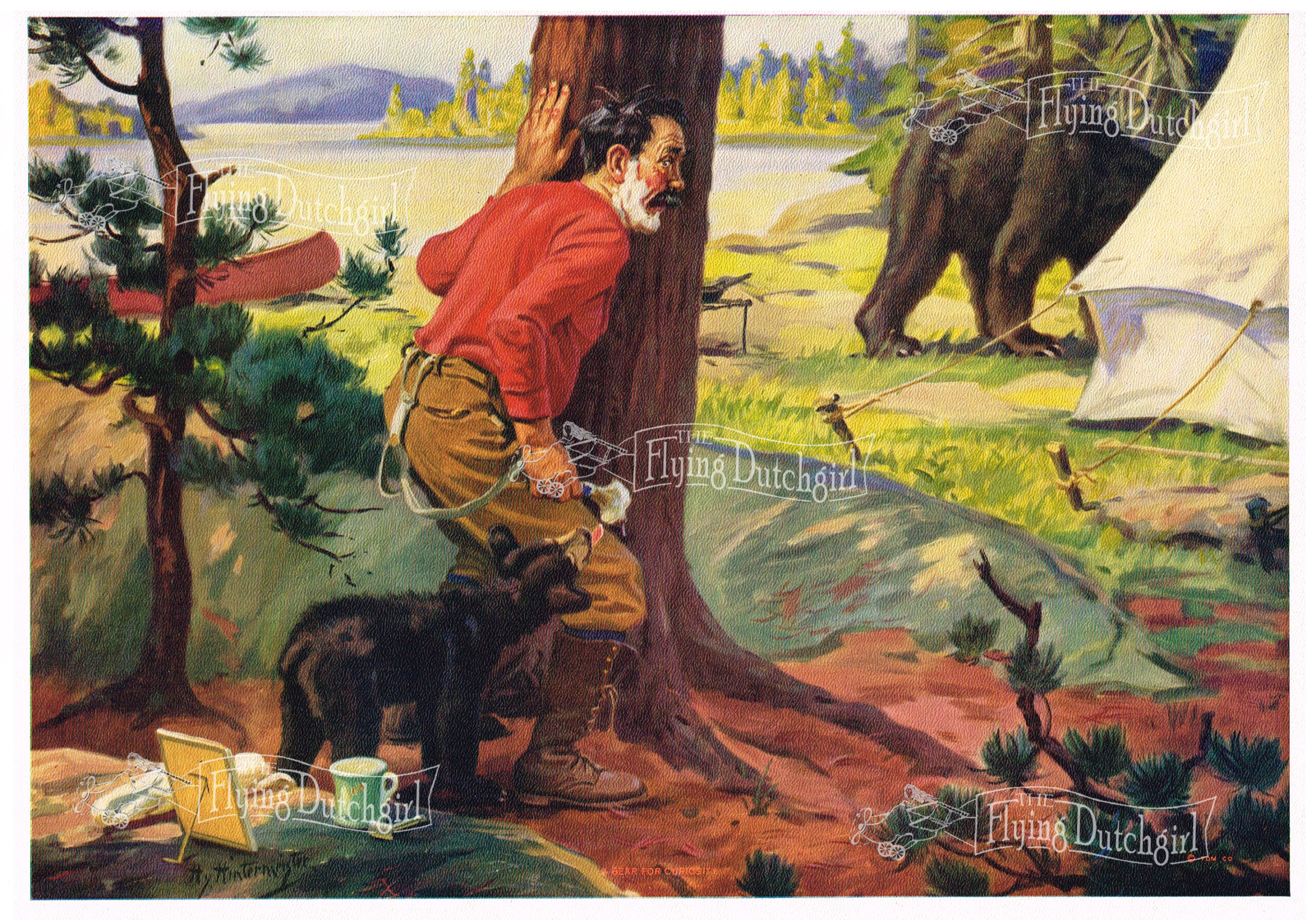 1940s Vintage Salesman Sampler Lithographic Calendar Print "Bear curiosity" A mother bear is curious where her little cub had gone to as she scouts out a man's tent