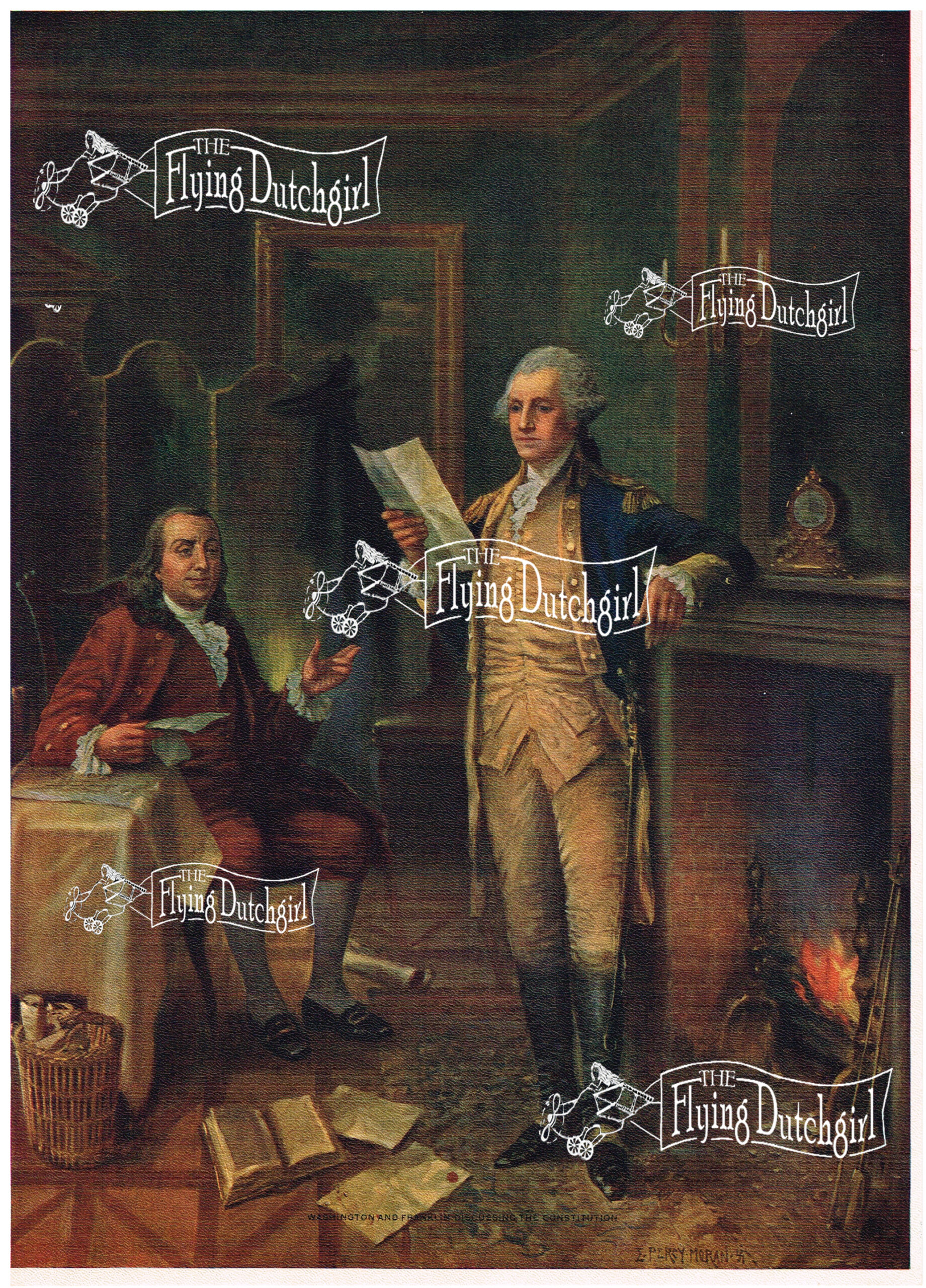 1940s Vintage Salesman Sampler Lithographic Calendar Print "George and Ben" George Washington and Benjamin Frankilin having a fireside chat and reading letters from other patriots.