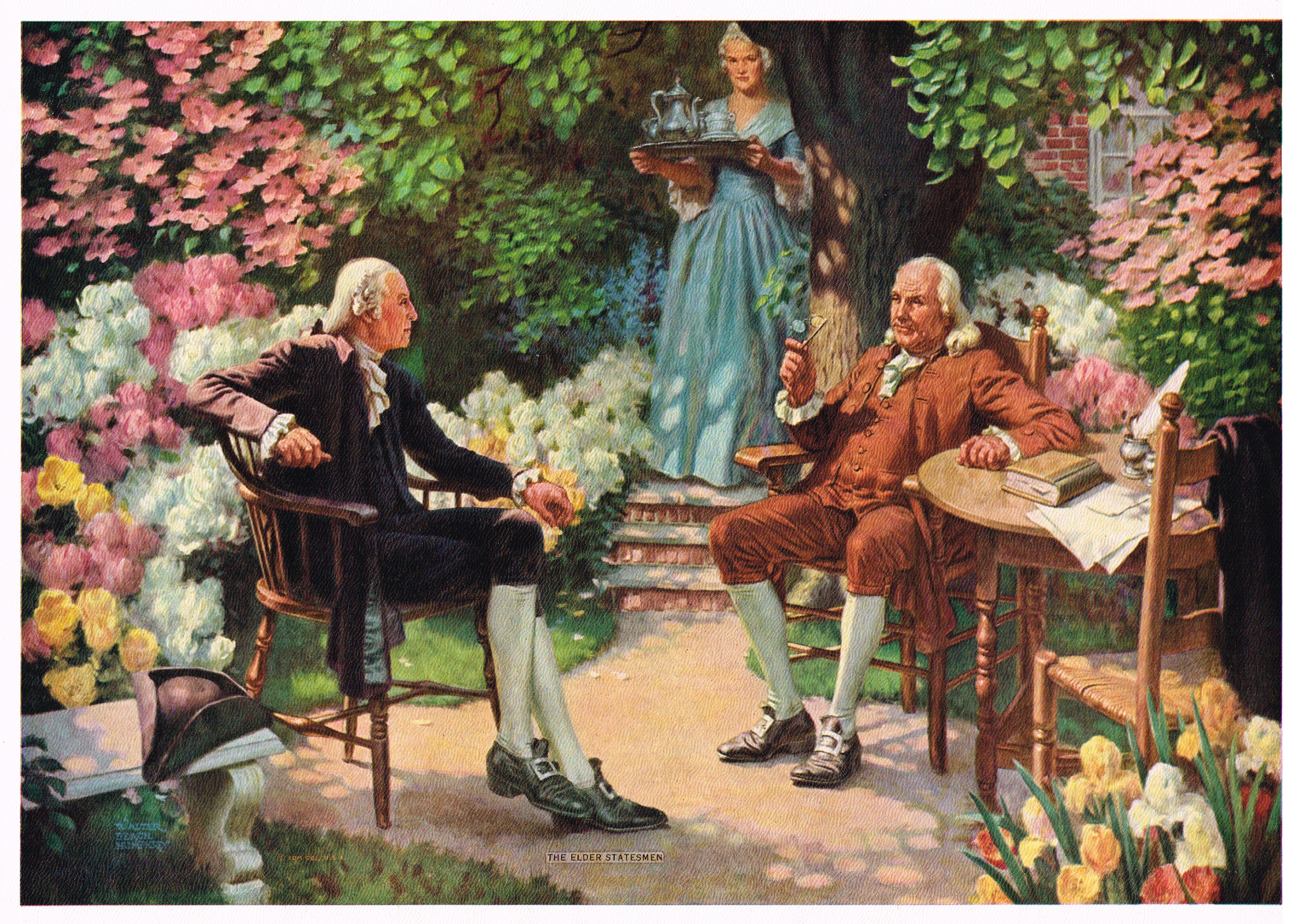 1940s Vintage Salesman Sampler Lithographic Calendar Print "The Elder Statesmen" A conversation in a rose garden between George Washington and Benjamin Franklin