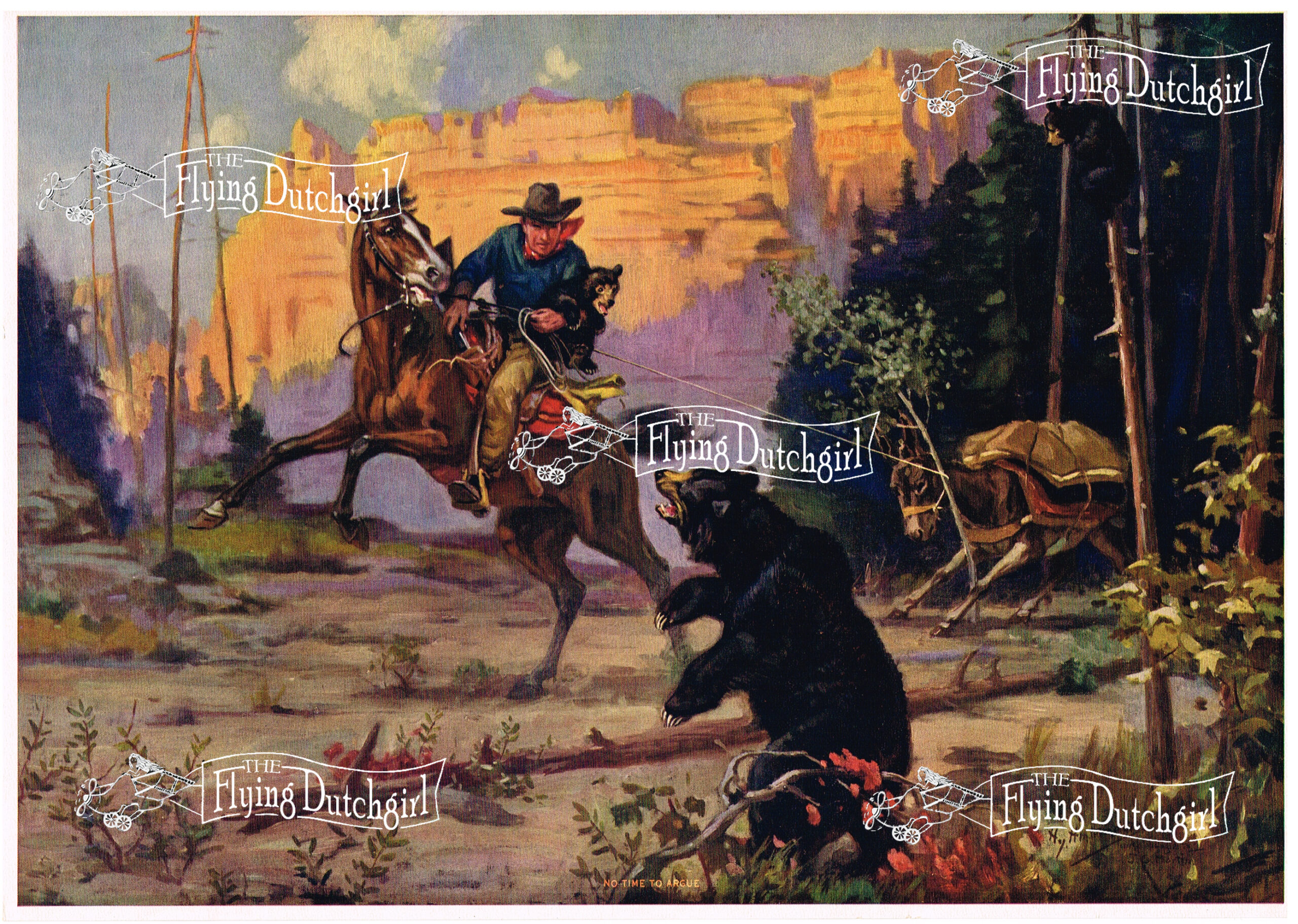 1940s Vintage Salesman Sampler Lithographic Calendar Print "No time to argue" A stubborn mule refuses to charge ahead withhis owner who sees a bear approaching