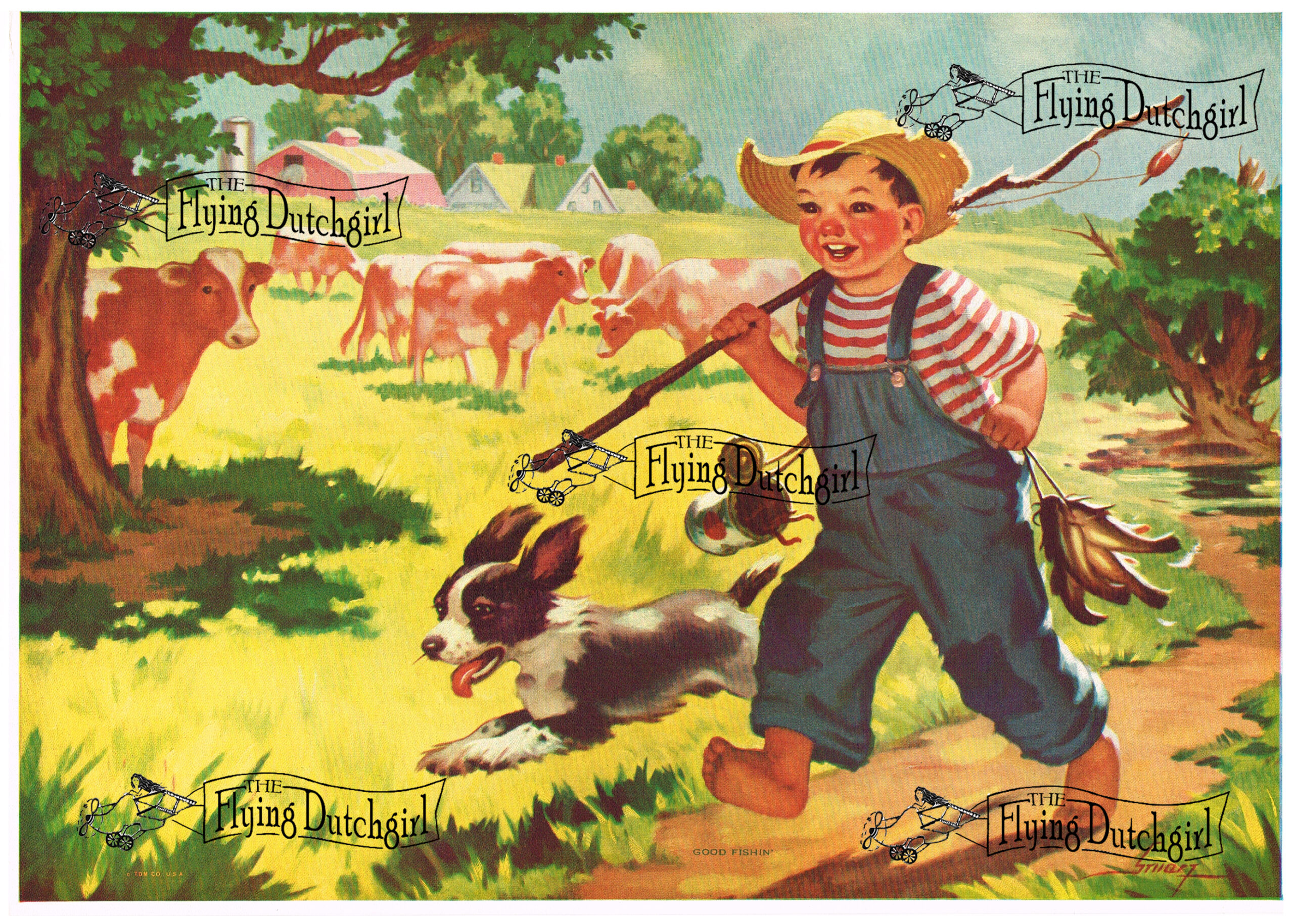 1940s Vintage Salesman Sampler Lithographic Calendar Print "Good Fishin" A boy and his dog are off to his secret fishing hole