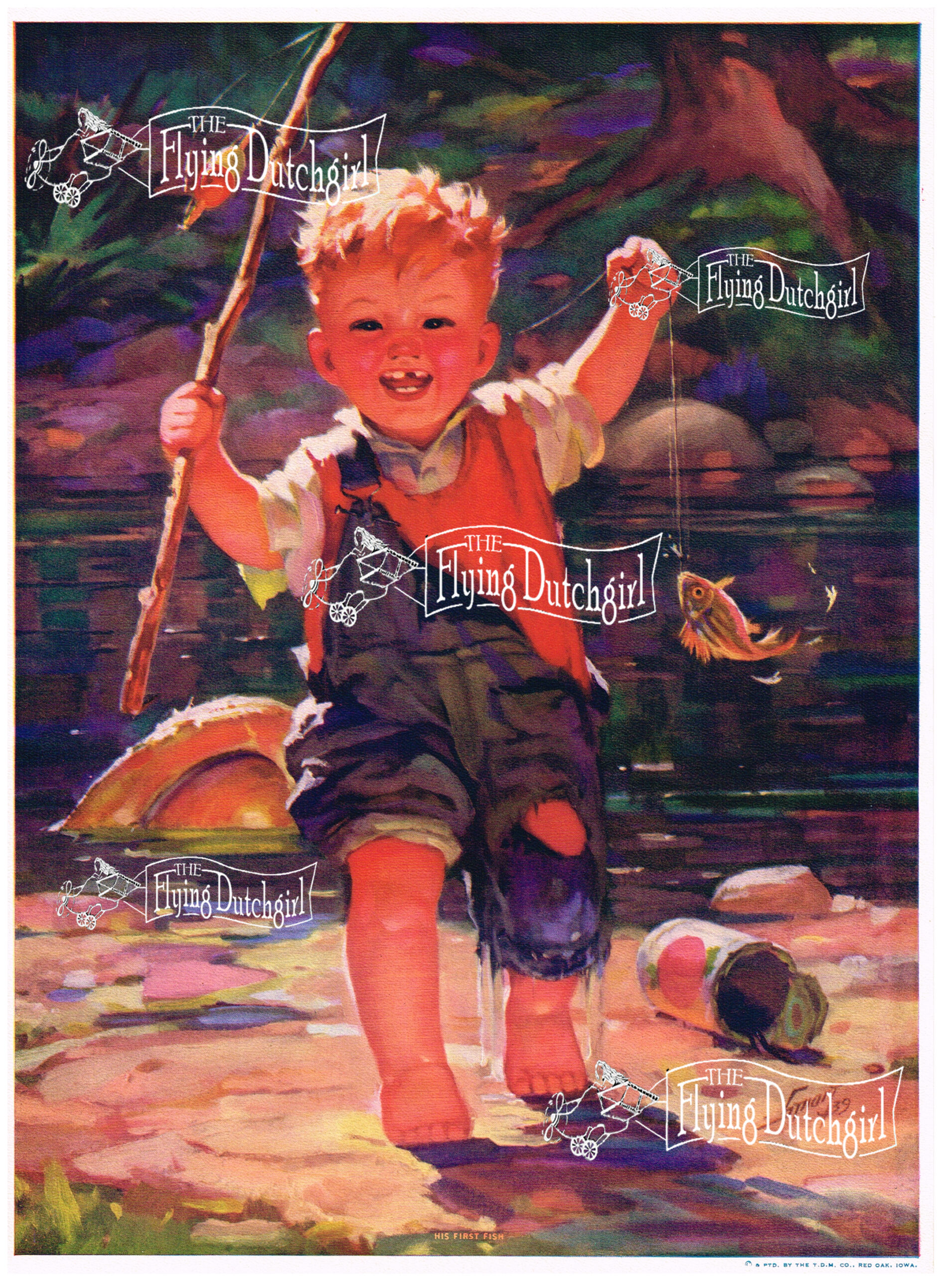 1940s Vintage Salesman Sampler Lithographic Calendar Print "His first fish" A joyful little boy is showing his trophy fish