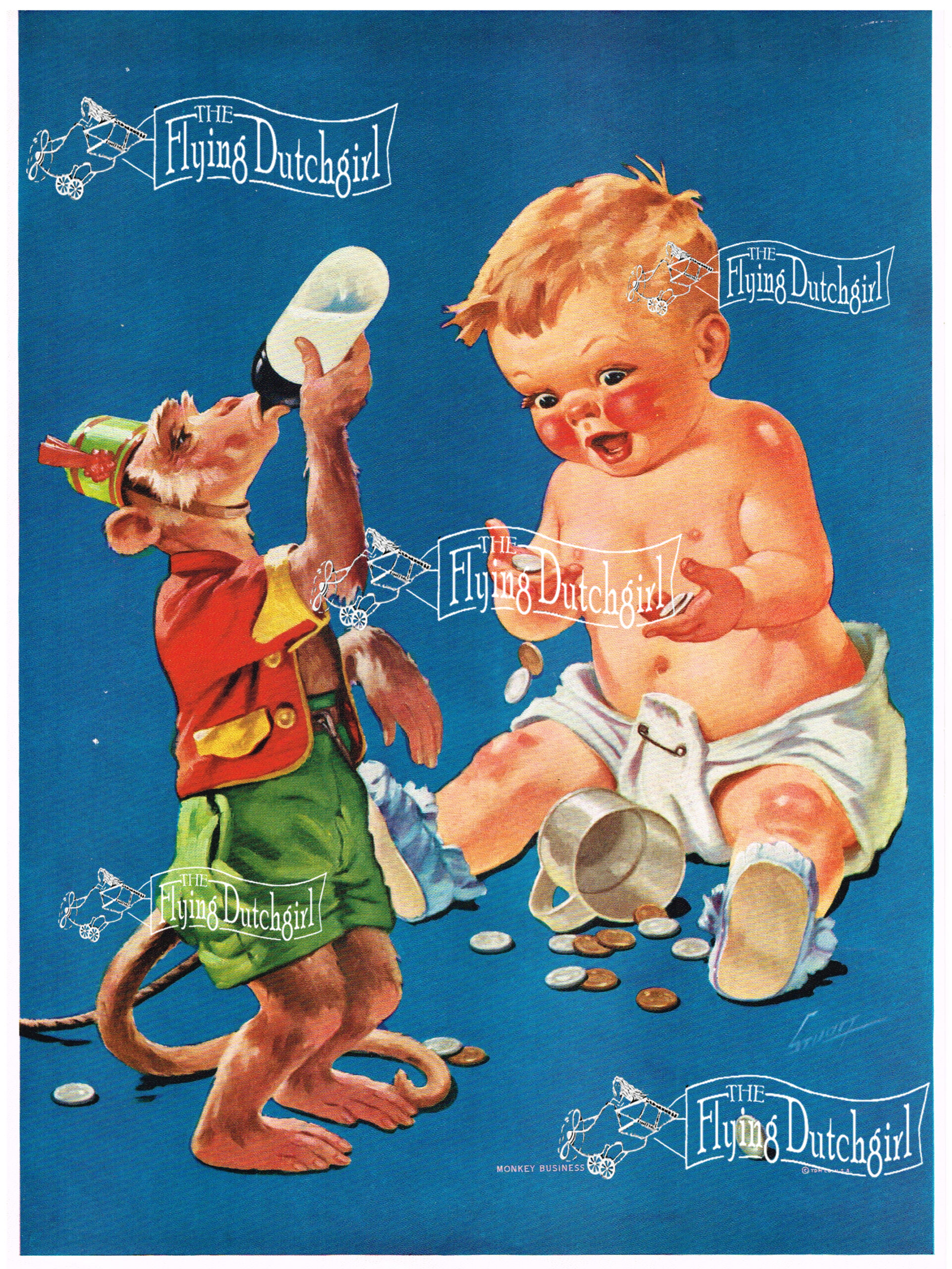 1940s Vintage Salesman Sampler Lithographic Calendar Print "Monkey Business" A clever monket traded his change for a baby's bottle of milk