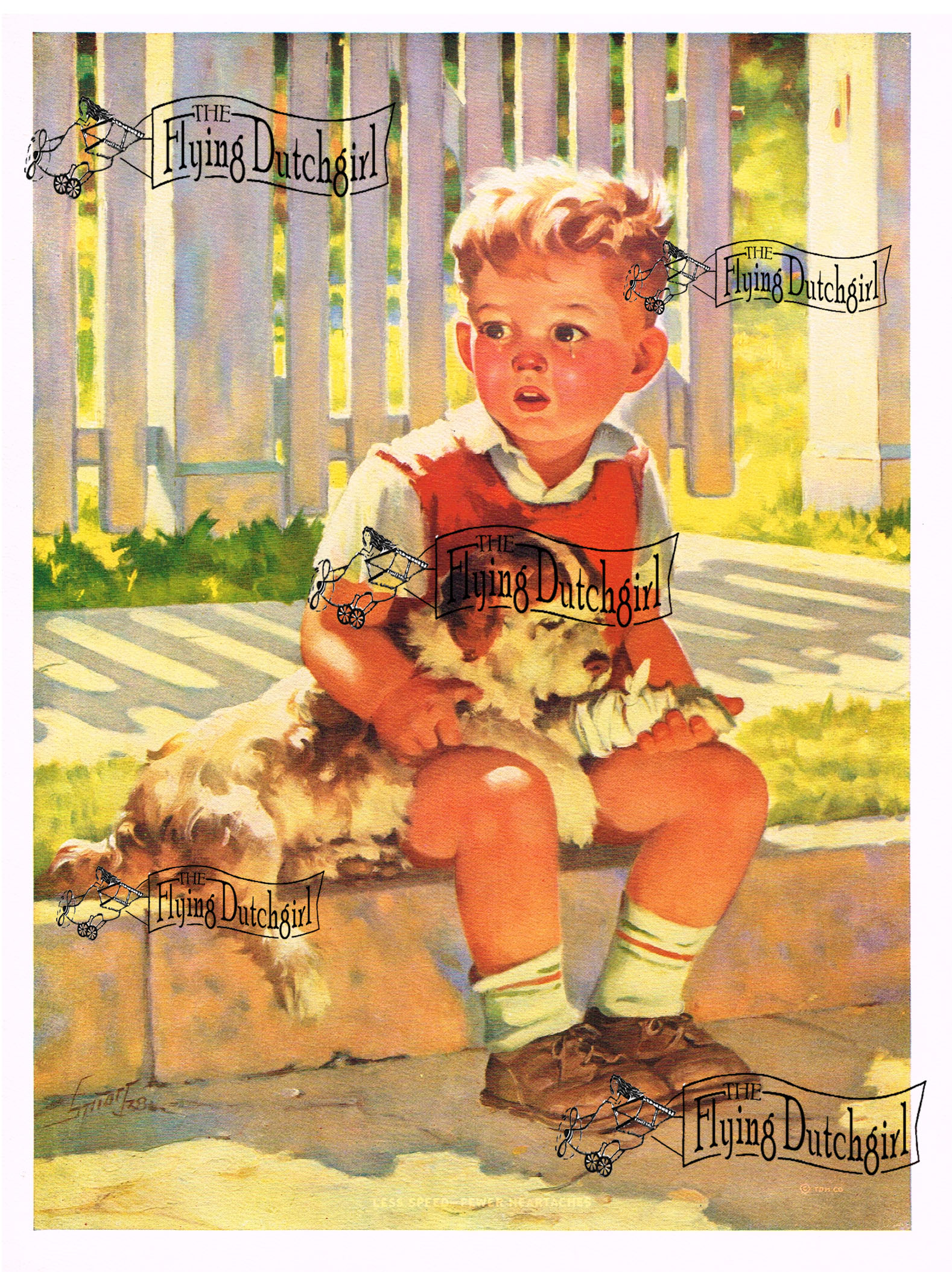 1940s Vintage Salesman Sampler Lithographic Calendar Print "Less Speed" ... young boy with his puppy get scrapped up having to much fun