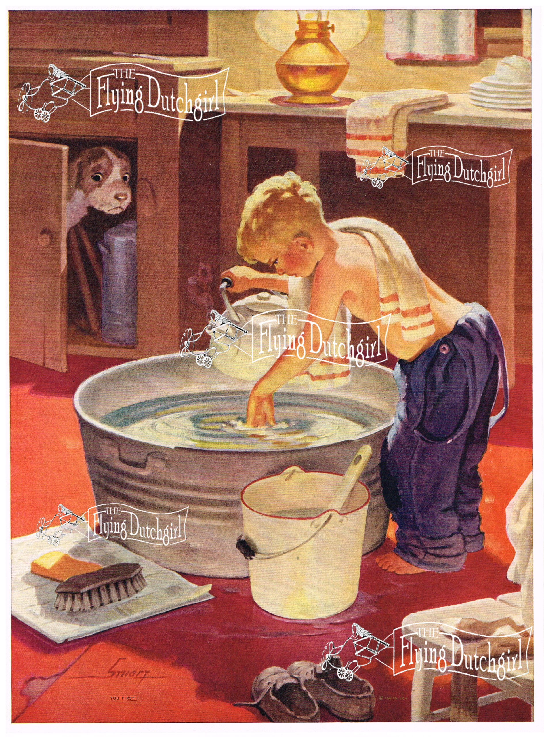 1940s Vintage Salesman Sampler Lithographic Calendar Print "you first" A young boy prepares a galvanized wash tub to give his dog a bath before he takes his turn