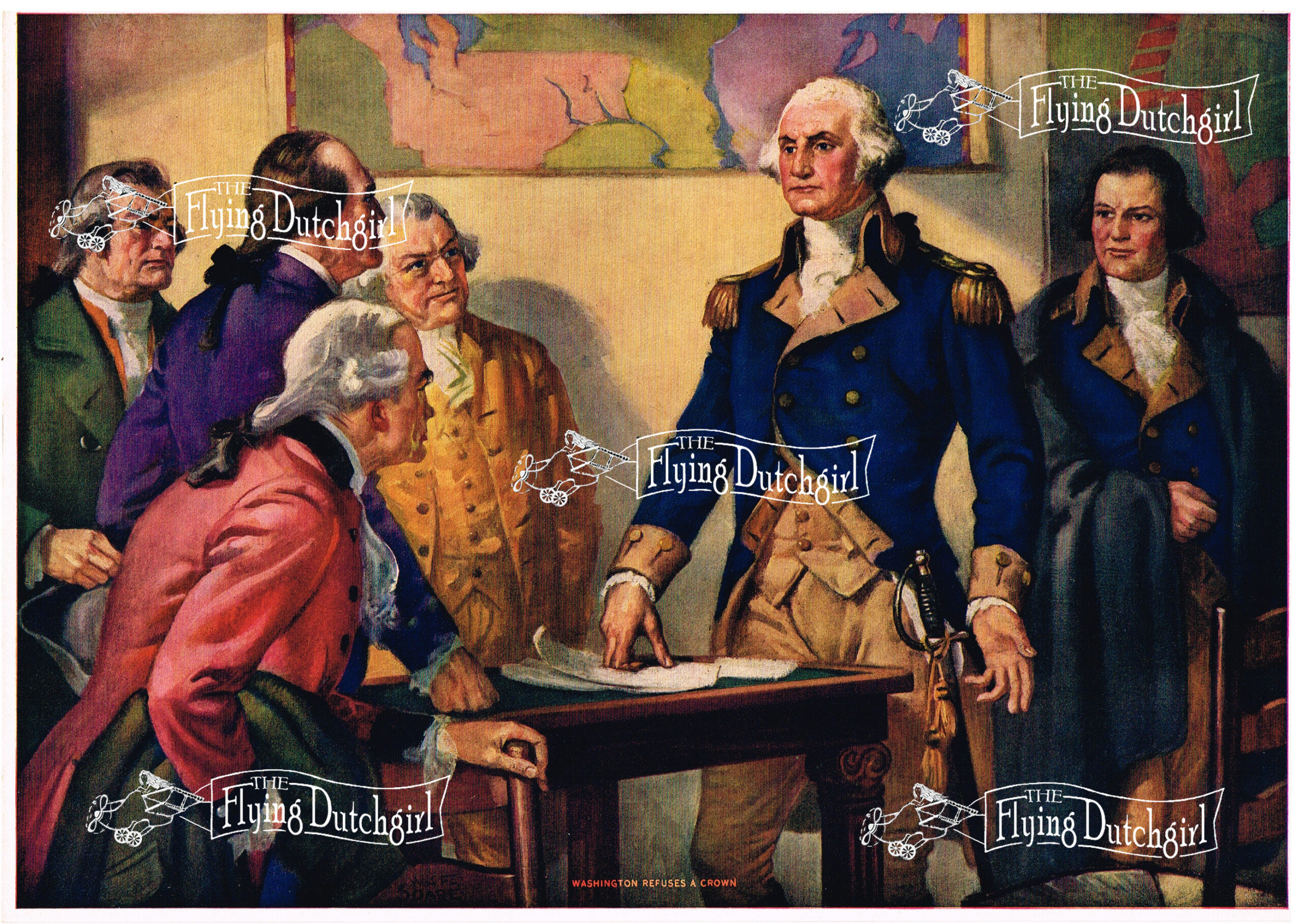 1940s Vintage Salesman Sampler Lithographic Calendar Print "Washington refuses"General George Washington reviews strategic plans to fight for the freedom of a young nation