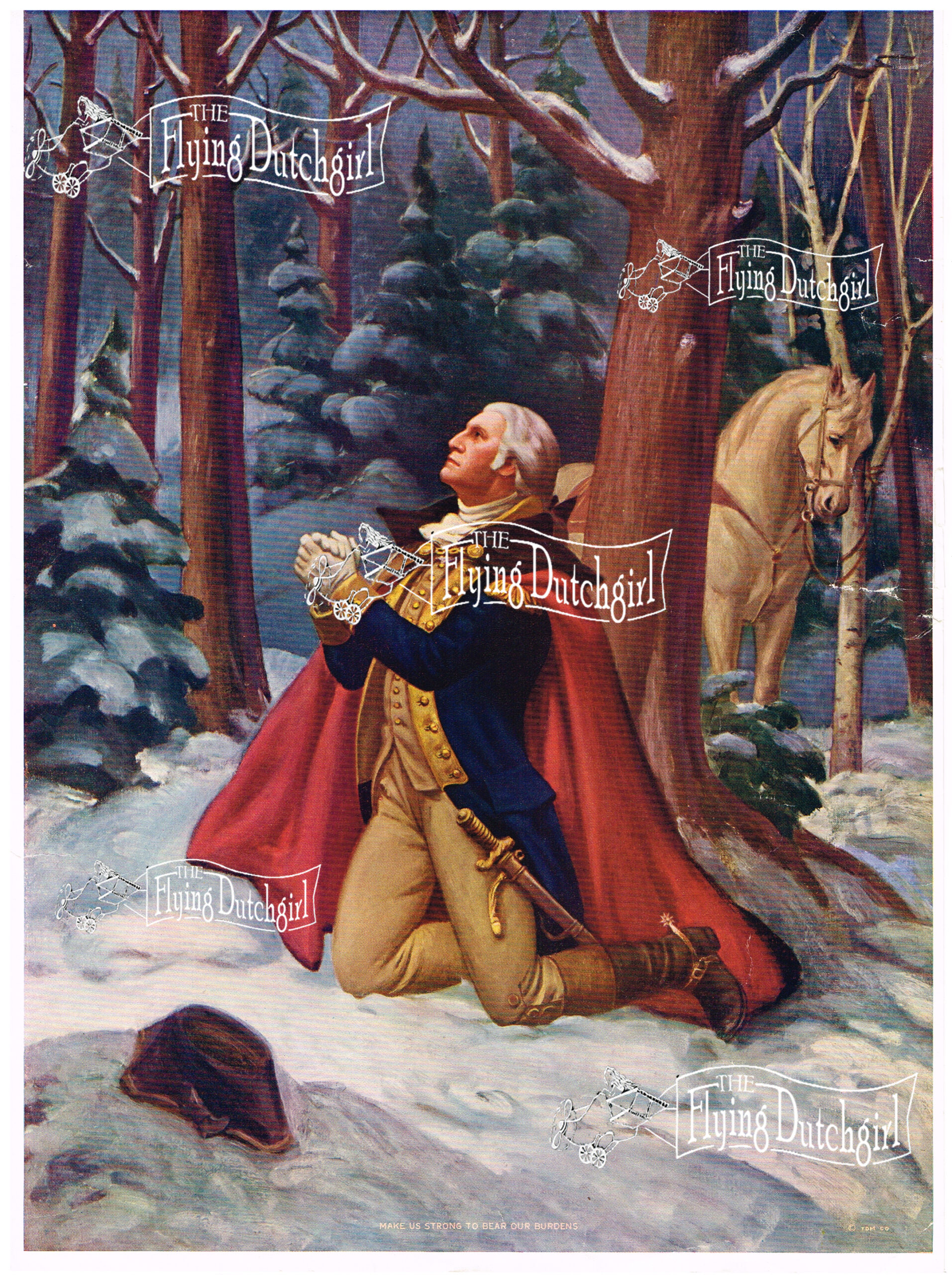 1940s Vintage Salesman Sampler Lithographic Calendar Print "Make Us Strong" General George Washington taking time to pray for God's protection as he battles for freedom from British rule.