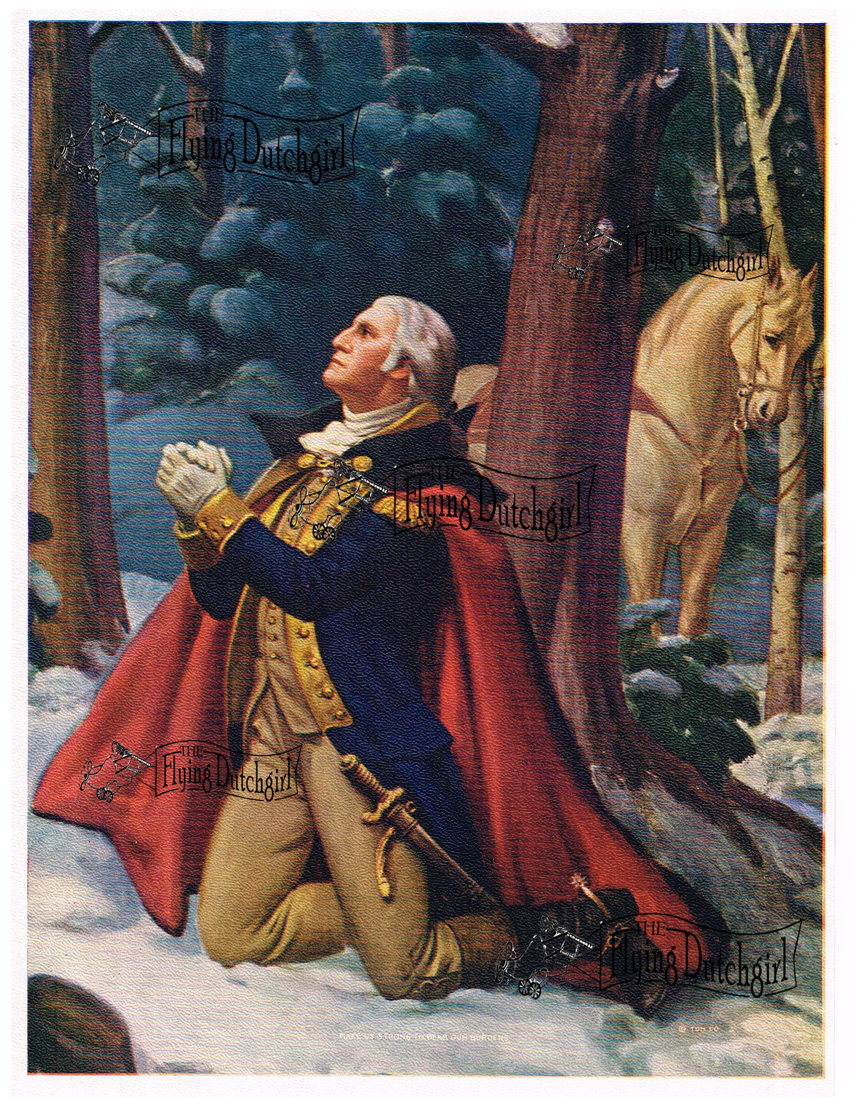 1940s Vintage Salesman Sampler Lithographic Calendar Print "Make Us Strong" General Washington praying for strength