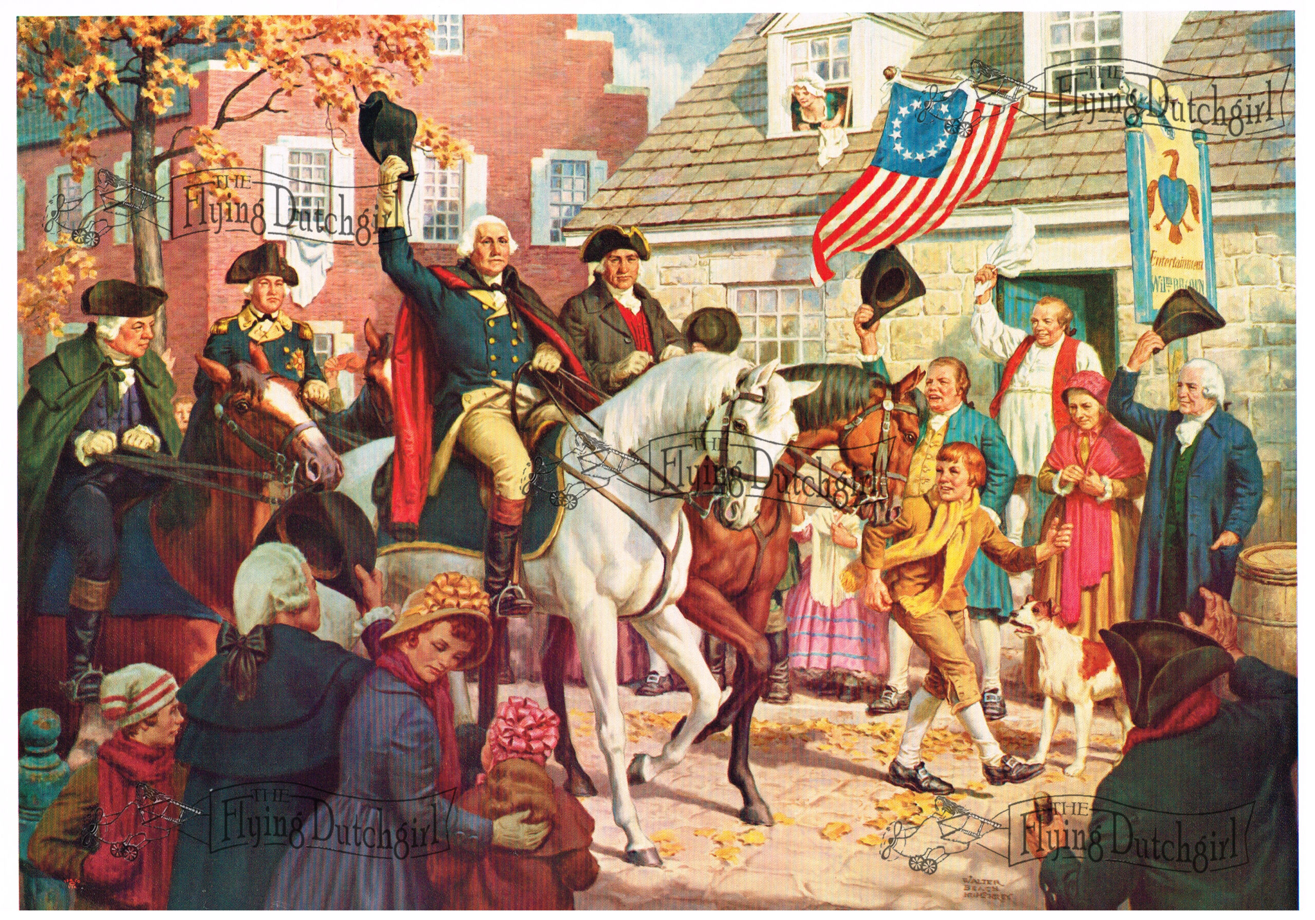 1940s Vintage Salesman Sampler Lithographic Calendar Print "Washington Parade" "General Washington parading through town"