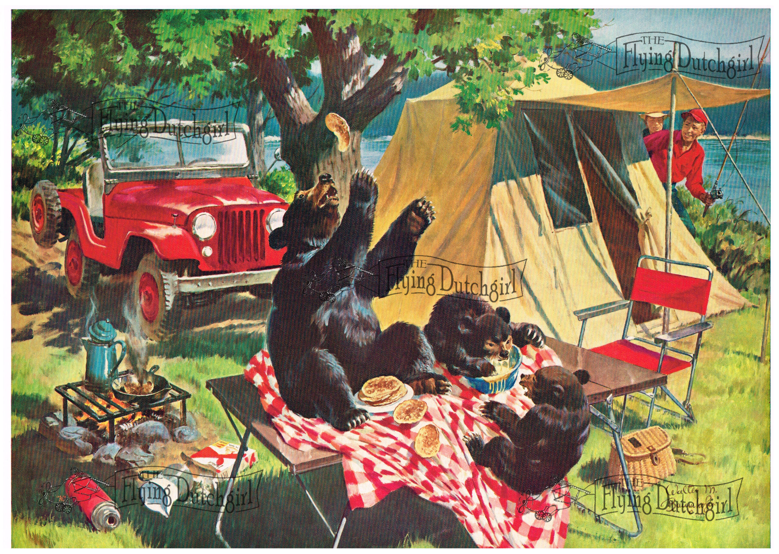 1940s Vintage Salesman Sampler Lithographic Calendar Print "Bears for lunch" Bear family invited themselves to lunch