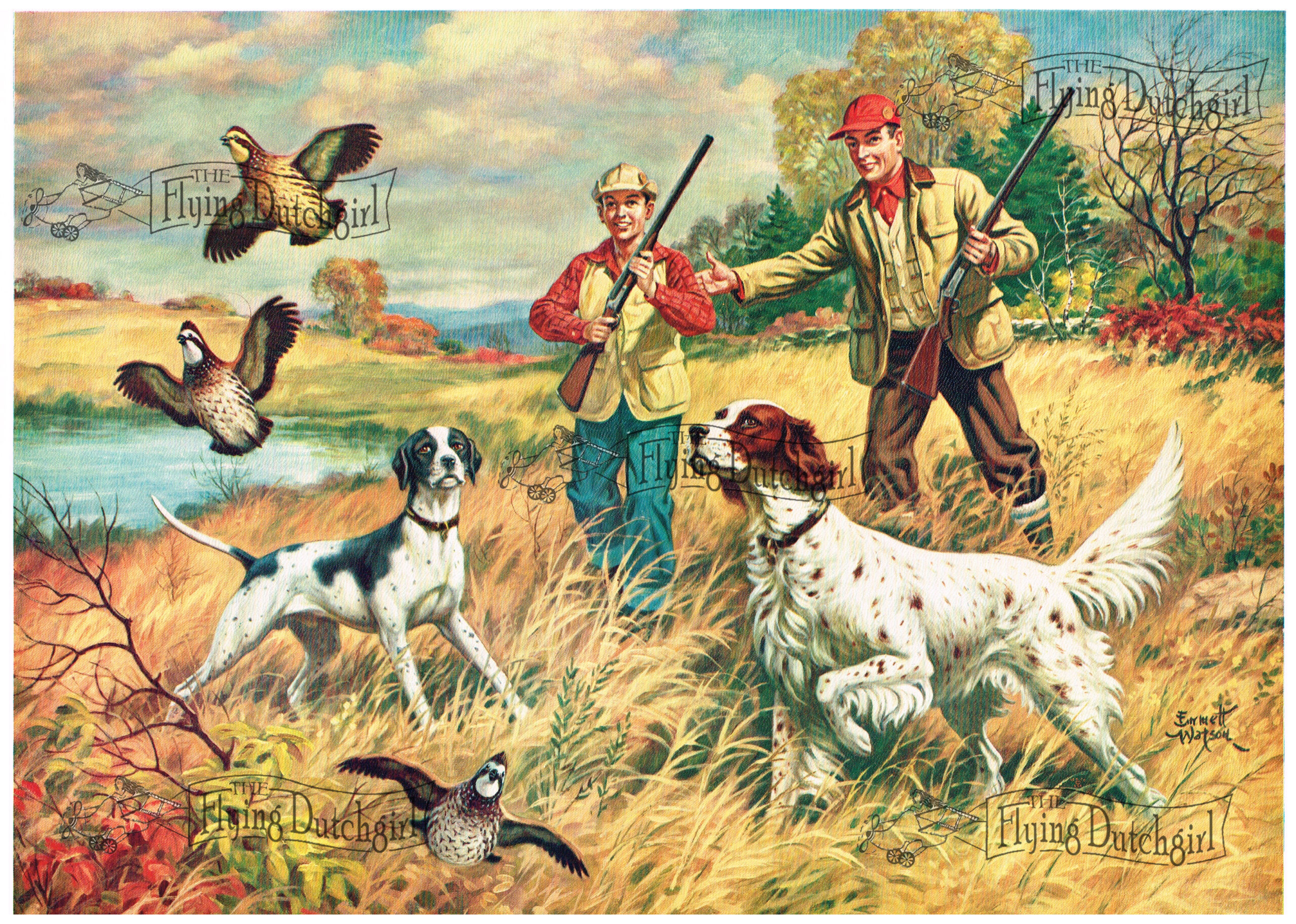 1940s Vintage Salesman Sampler Lithographic Calendar Print "The Hunt" Father and son enjoying the hunt