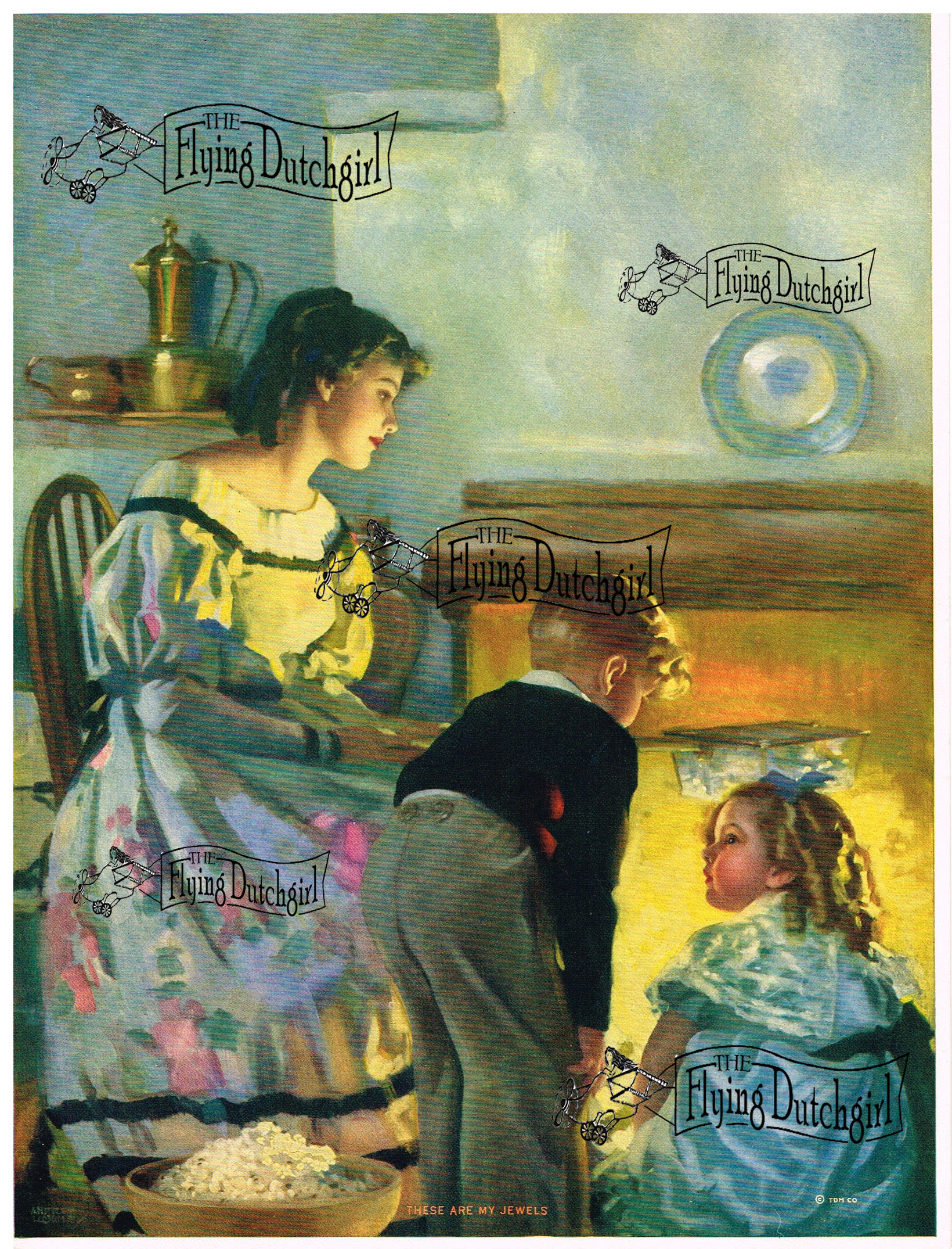 1940s Vintage Salesman Sampler Lithographic Calendar Print "These are my"... Mother enjoying life with her two small children