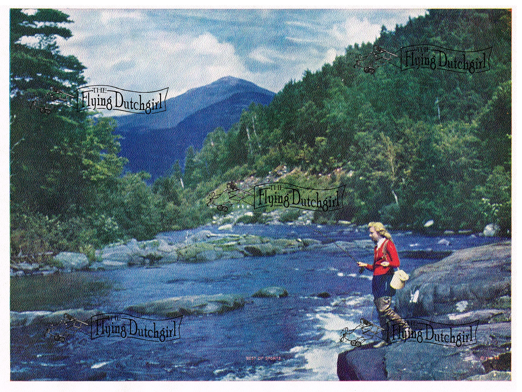 1940s Vintage Salesman Sampler Lithographic Calendar Print "Best of Sports" young girl out enjoying fishing