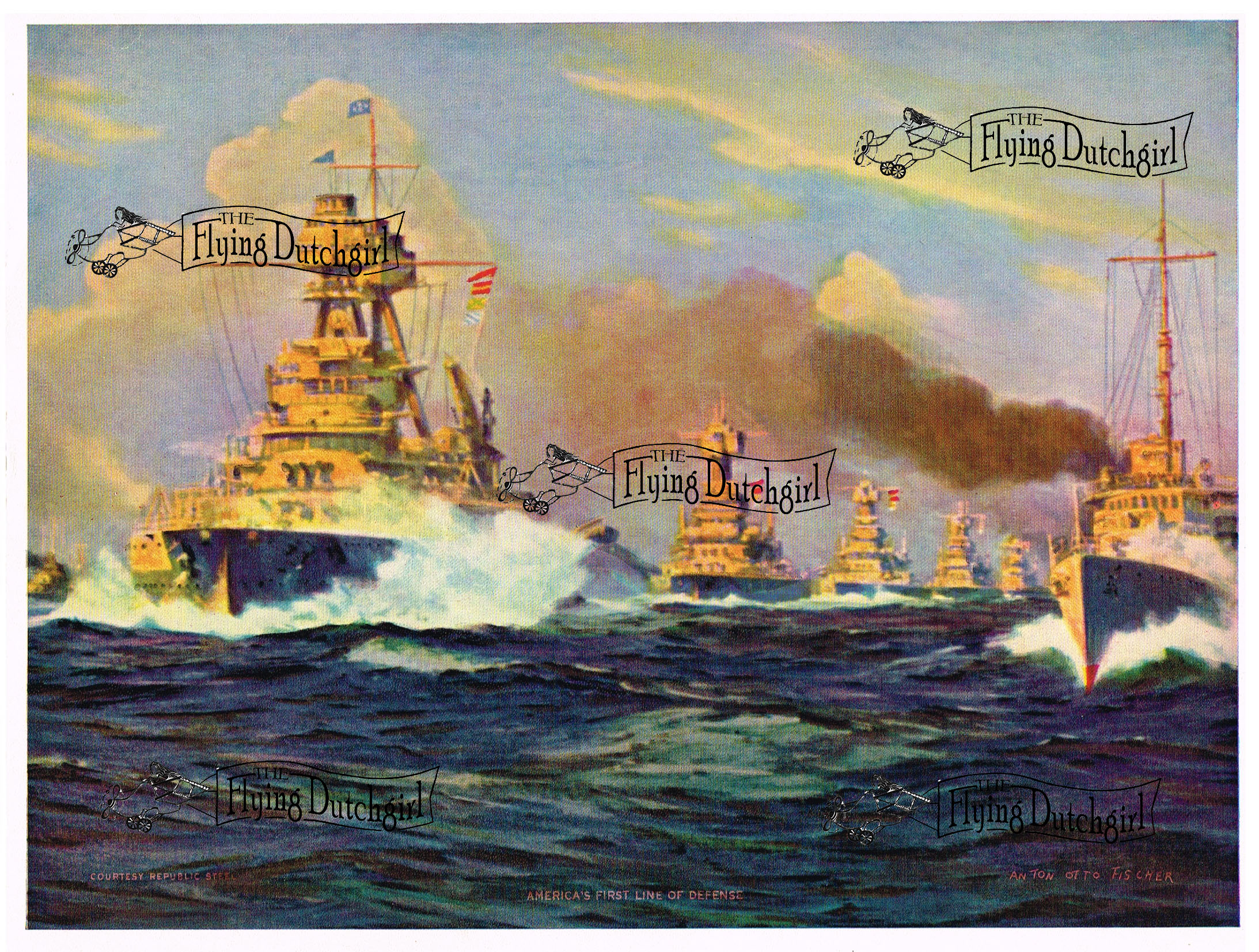 1940s Vintage Salesman Sampler Lithographic Calendar Print "America's First "... great American Fleet on the Highseas