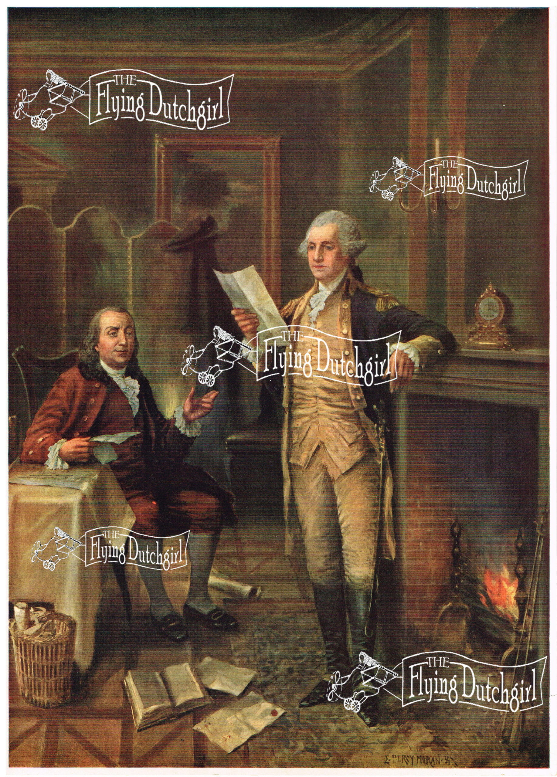 1900s Vintage Salesman Sampler Lithographic Calendar Print Fireside Chat with George Washington and Benjamin Franklin