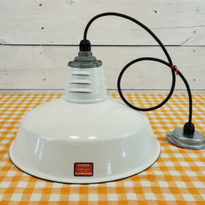 Vintage 1960s White Porcelain 14″ Hanging Light: Miller Industrial Salvage