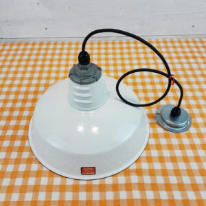 Vintage 1960s White Porcelain 14″ Hanging Light: Miller Industrial Salvage