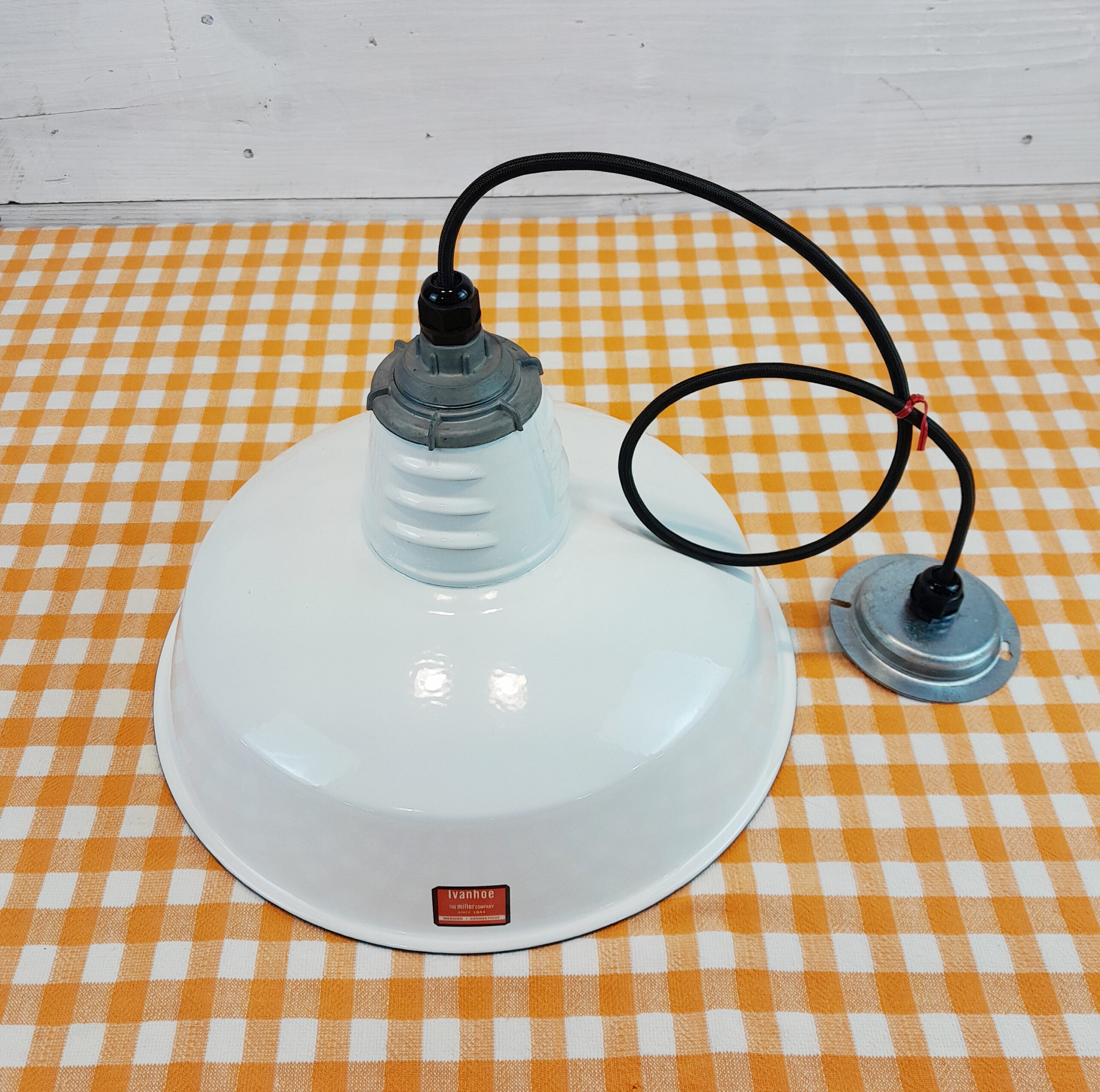 Vintage 1960s White Porcelain 14" Hanging Light: Miller Industrial Salvage - Image 2