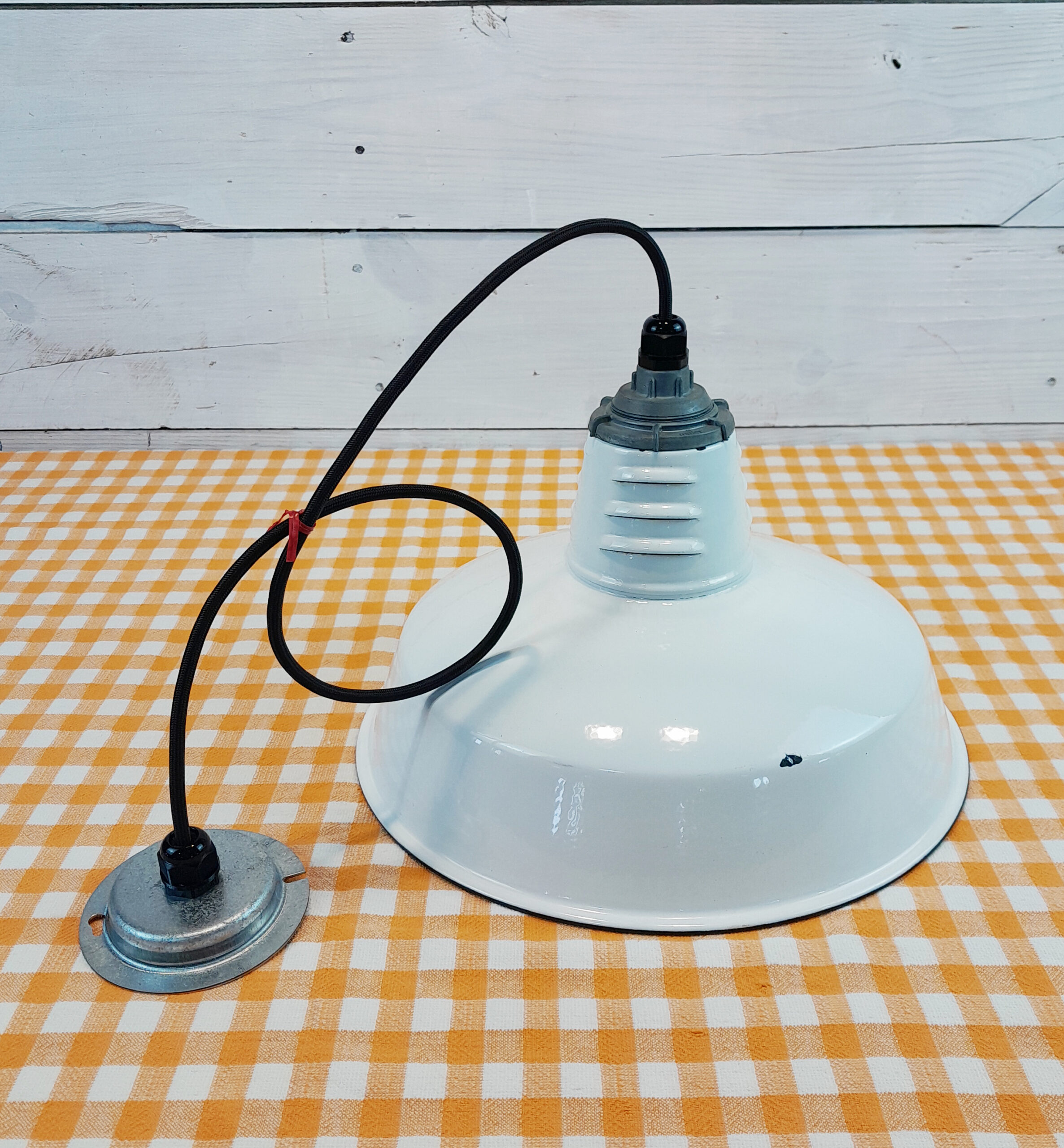 Vintage 1960s White Porcelain 14" Hanging Light: Miller Industrial Salvage - Image 3