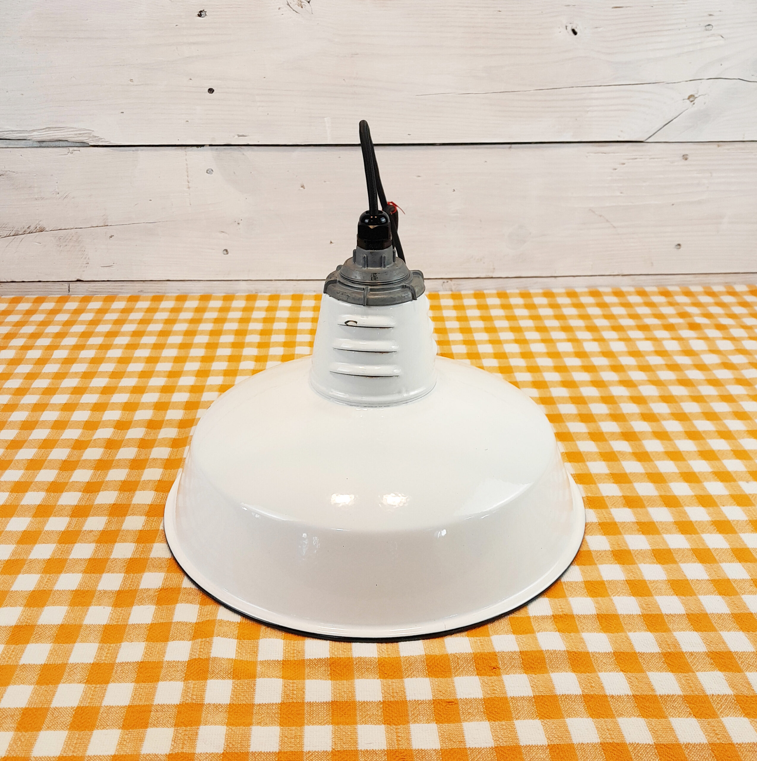 Vintage 1960s White Porcelain 14" Hanging Light: Miller Industrial Salvage - Image 4
