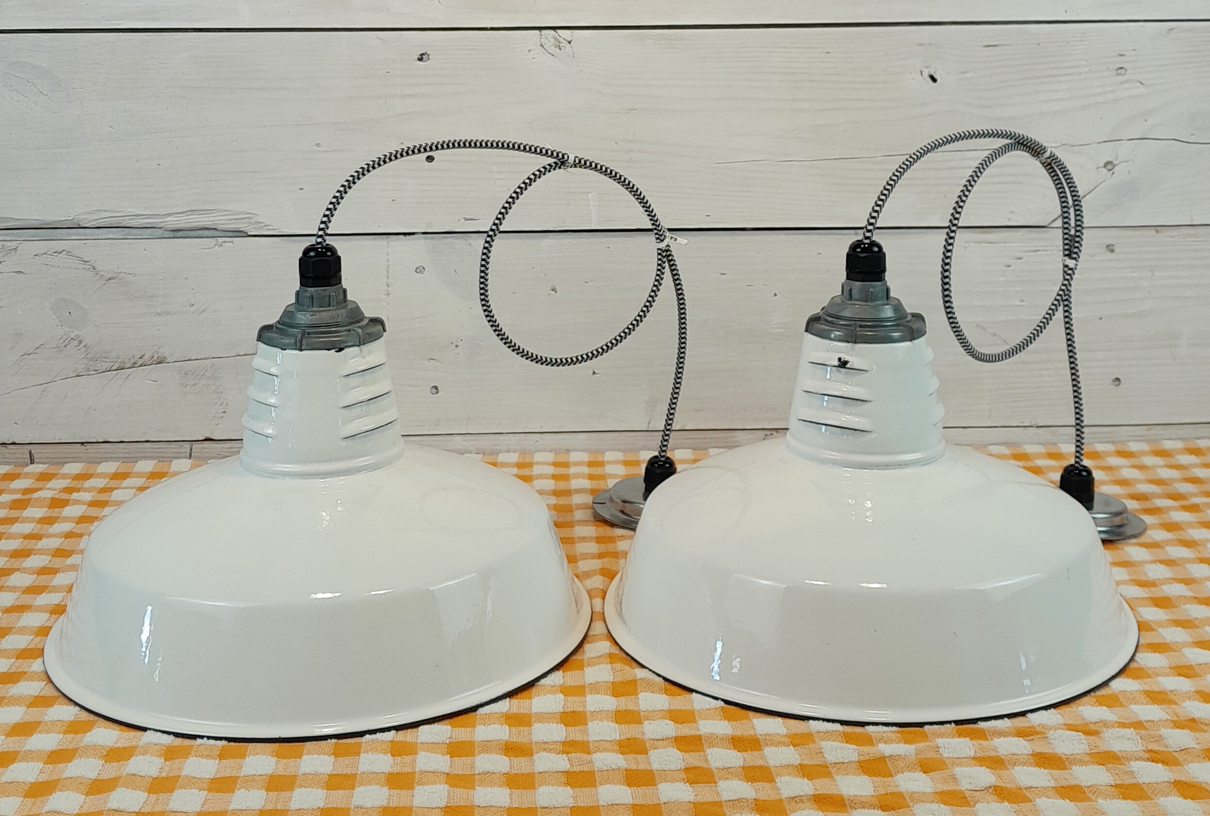 ONE Vintage 1960s White Porcelain 14" Hanging Light: Miller Industrial Salvage - Image 6
