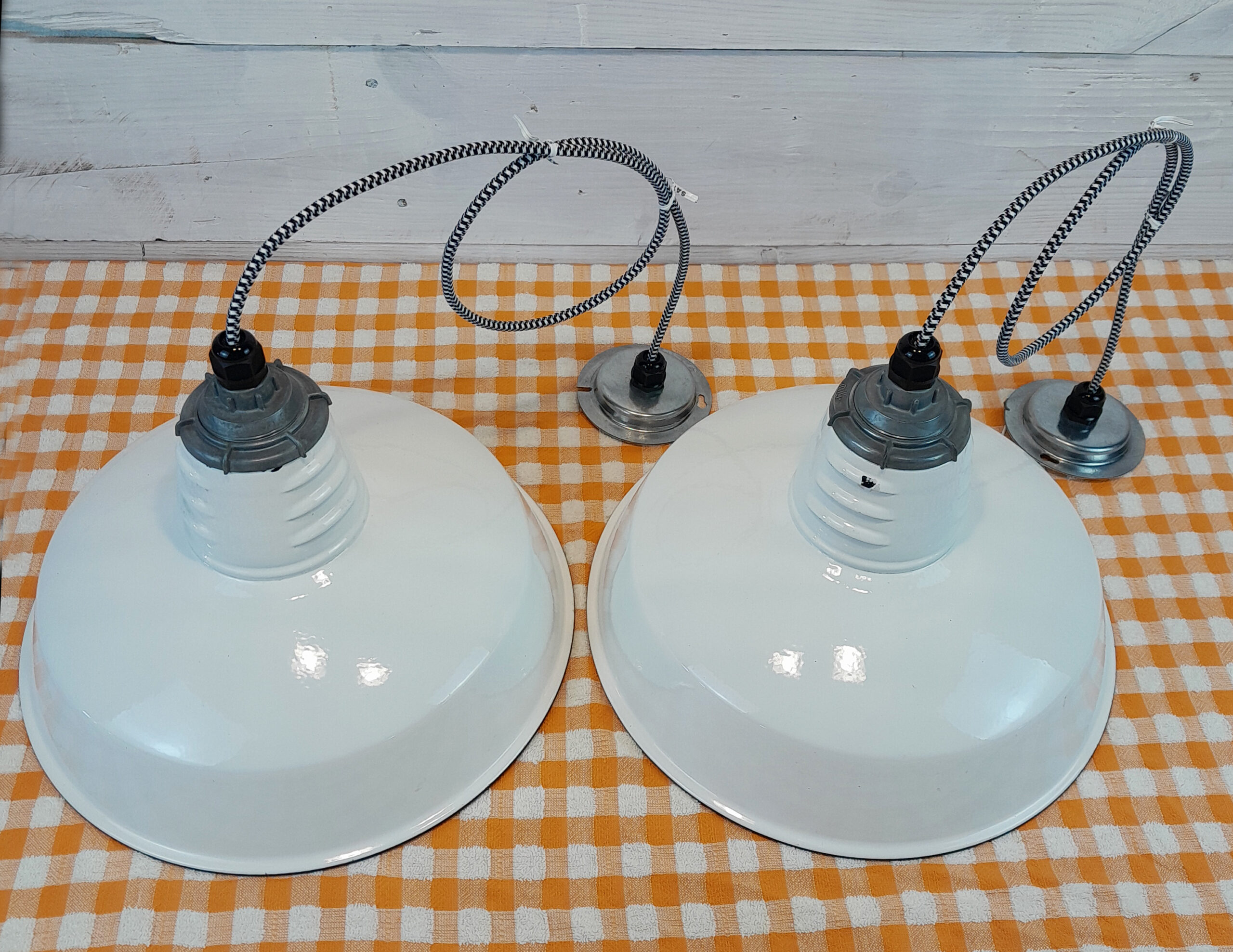 ONE Vintage 1960s White Porcelain 14" Hanging Light: Miller Industrial Salvage - Image 7