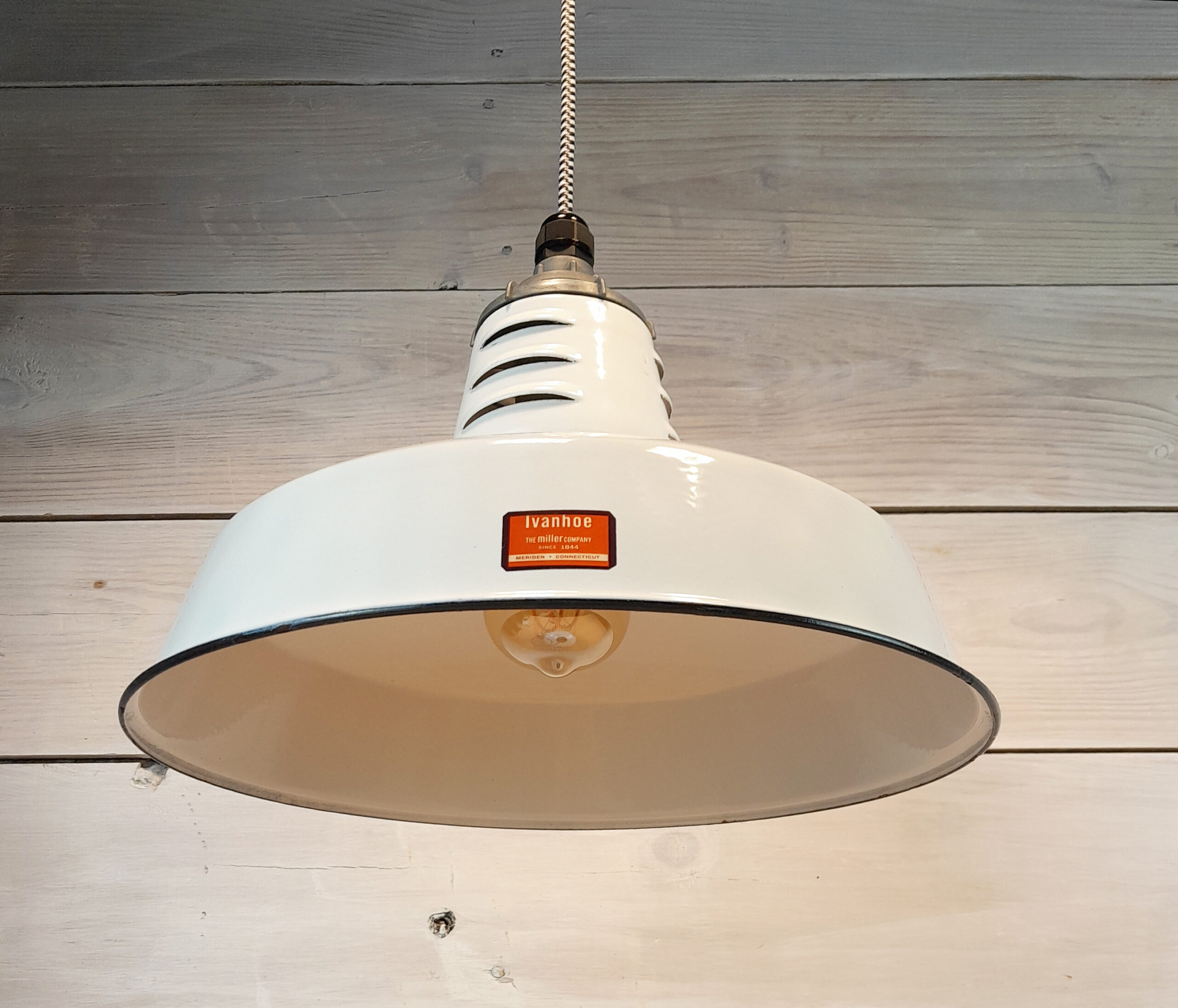 ONE Vintage 1960s White Porcelain 14" Hanging Light: Miller Industrial Salvage - Image 3