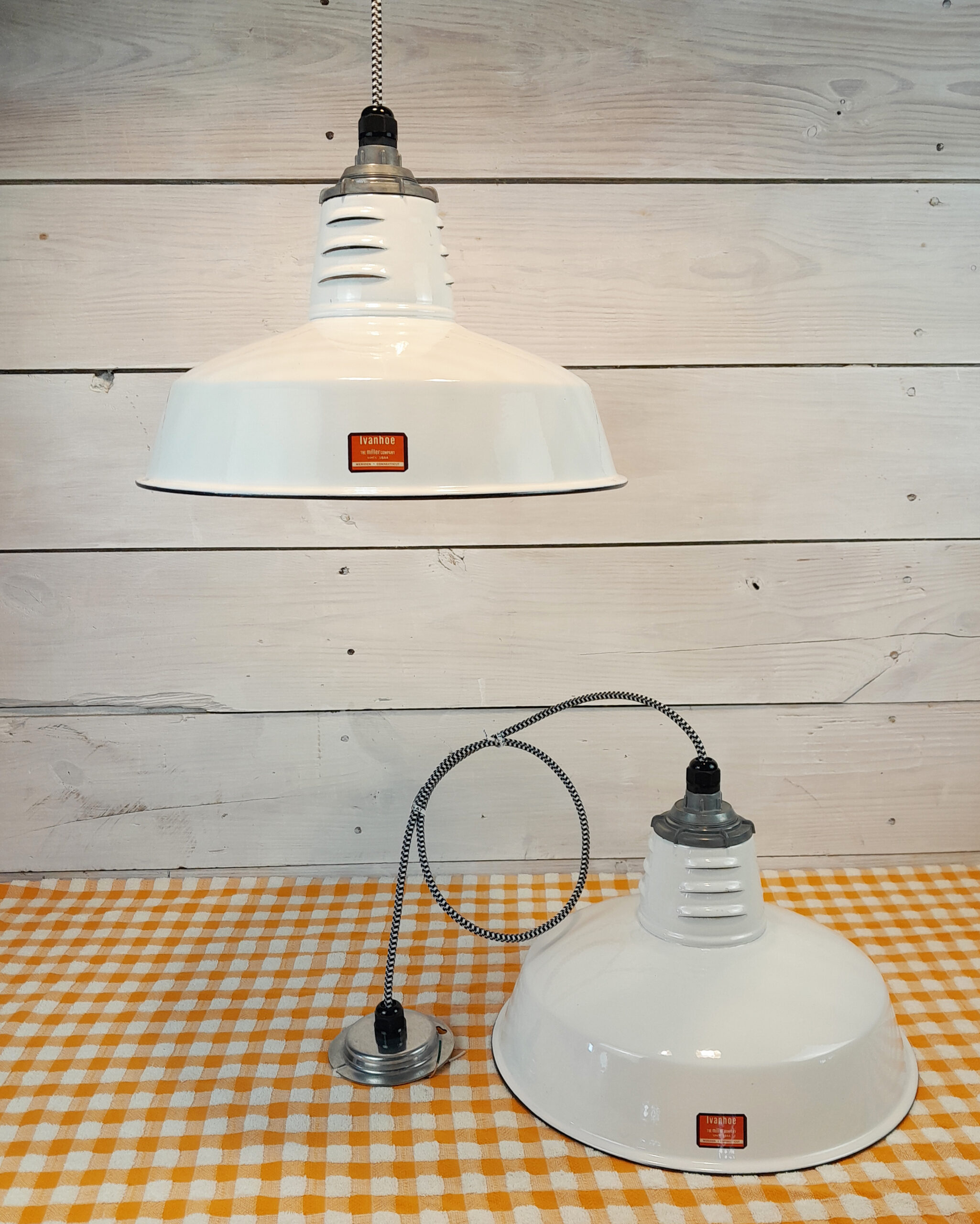 ONE Vintage 1960s White Porcelain 14" Hanging Light: Miller Industrial Salvage