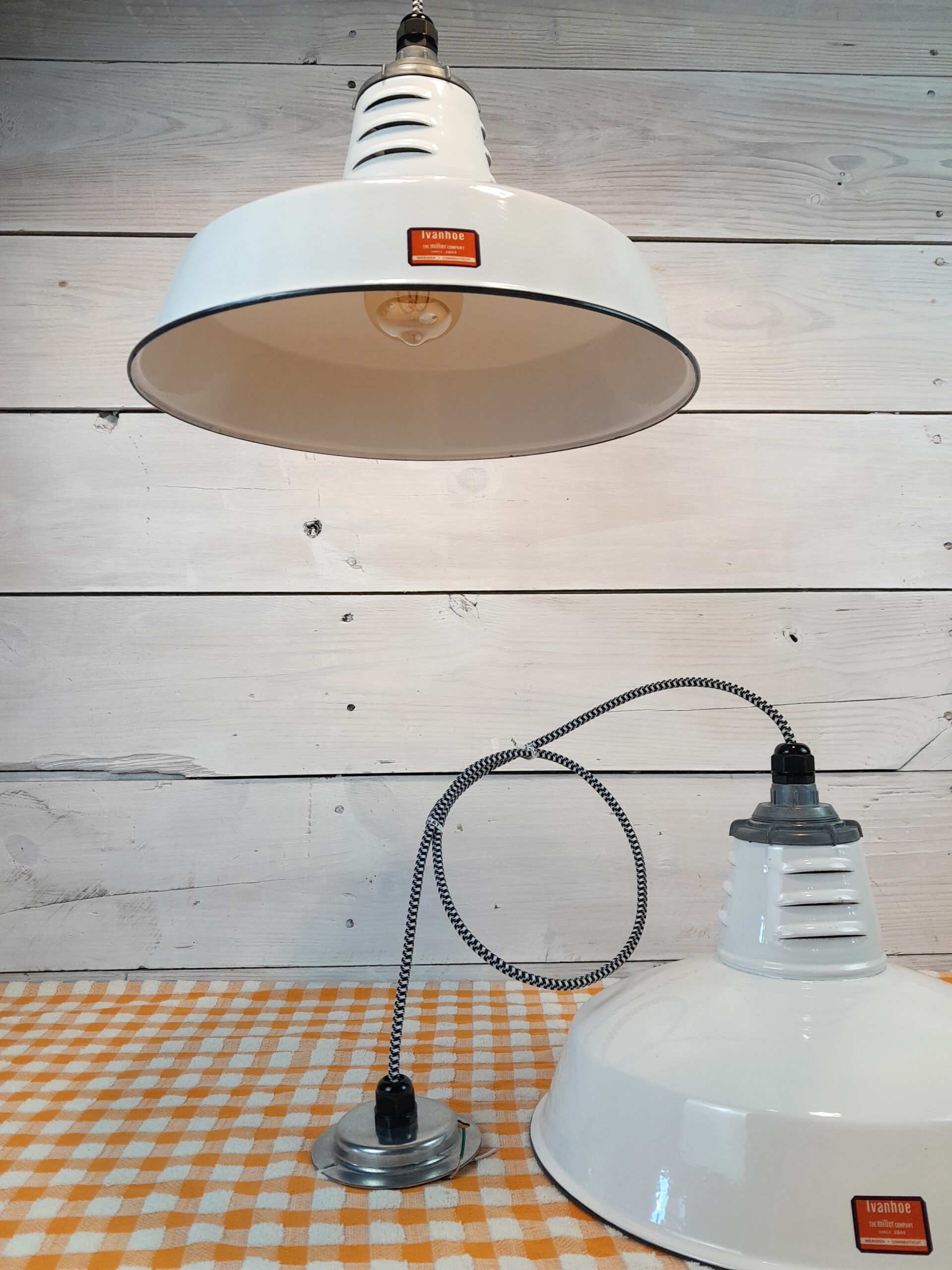 ONE Vintage 1960s White Porcelain 14" Hanging Light: Miller Industrial Salvage - Image 2